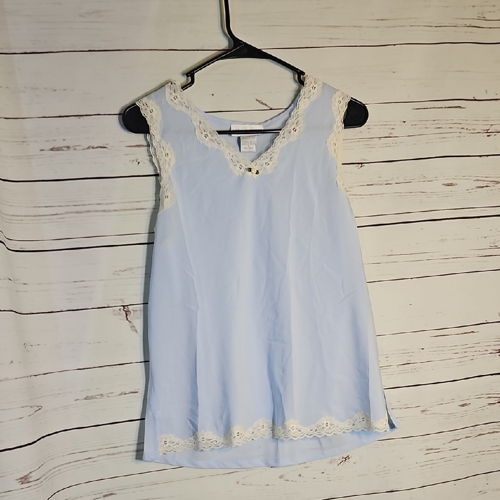Morgan Taylor Intimates Blue Lace Trim‎ Sleeveless Nightgown L  SET